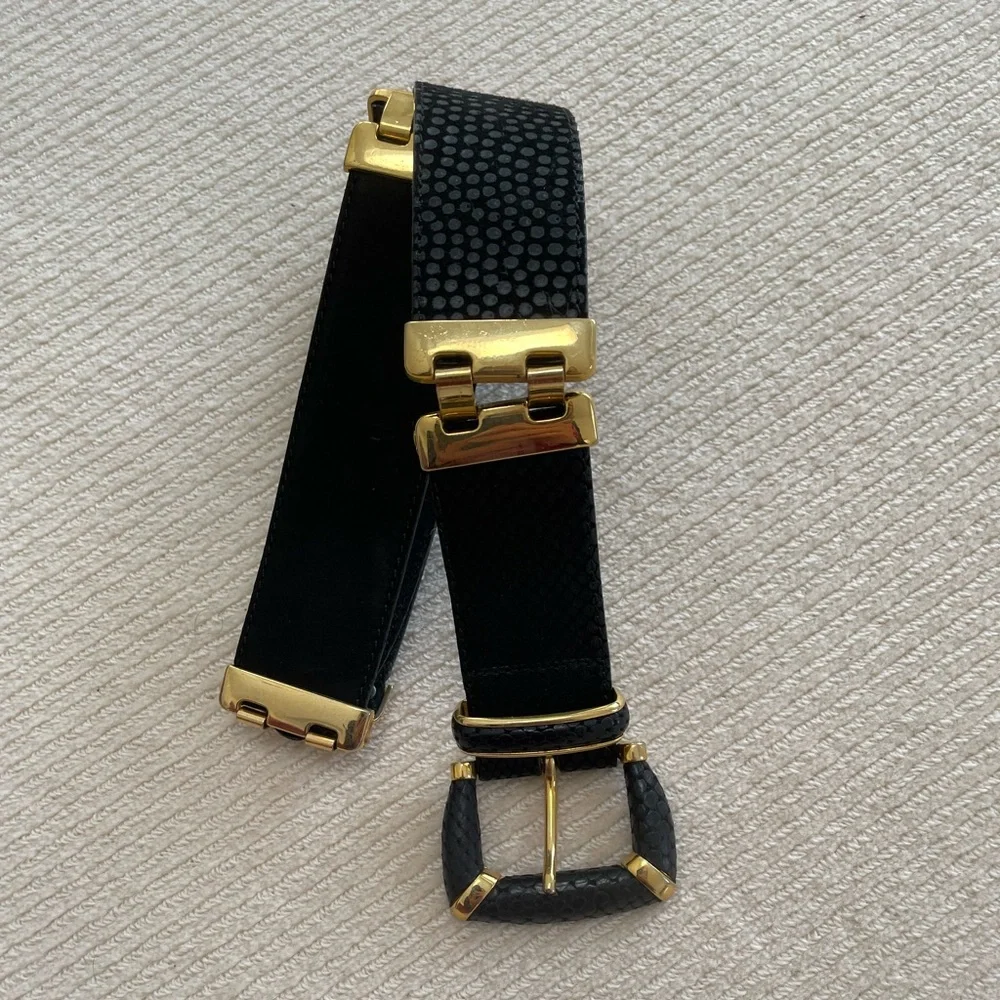 Womens Black Leather Dress Belt With Gold Accent Links